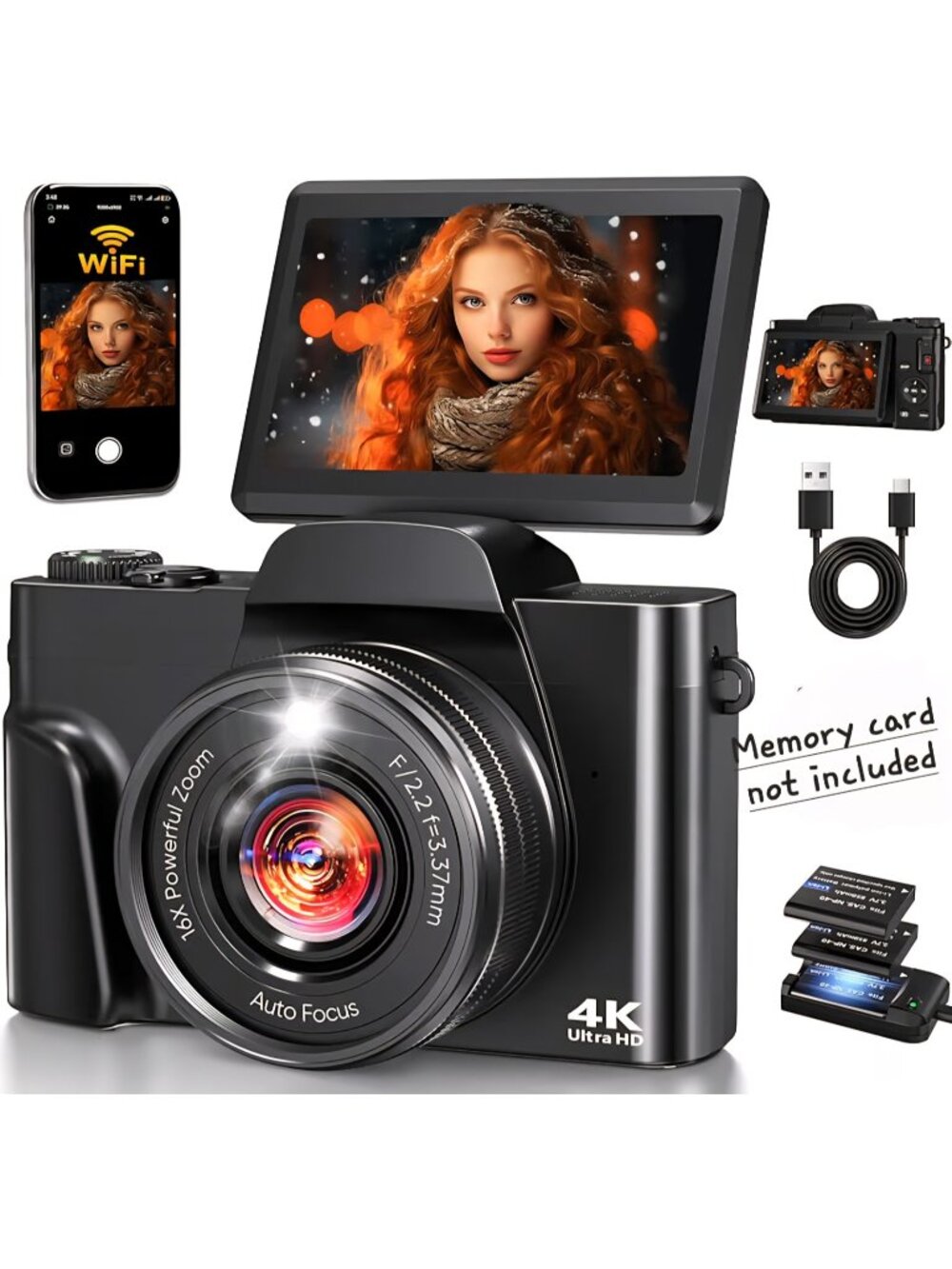 4K Digital Camera for Photography with WiFi, 64MP Autofocus 16XZoom Vlogging Cam